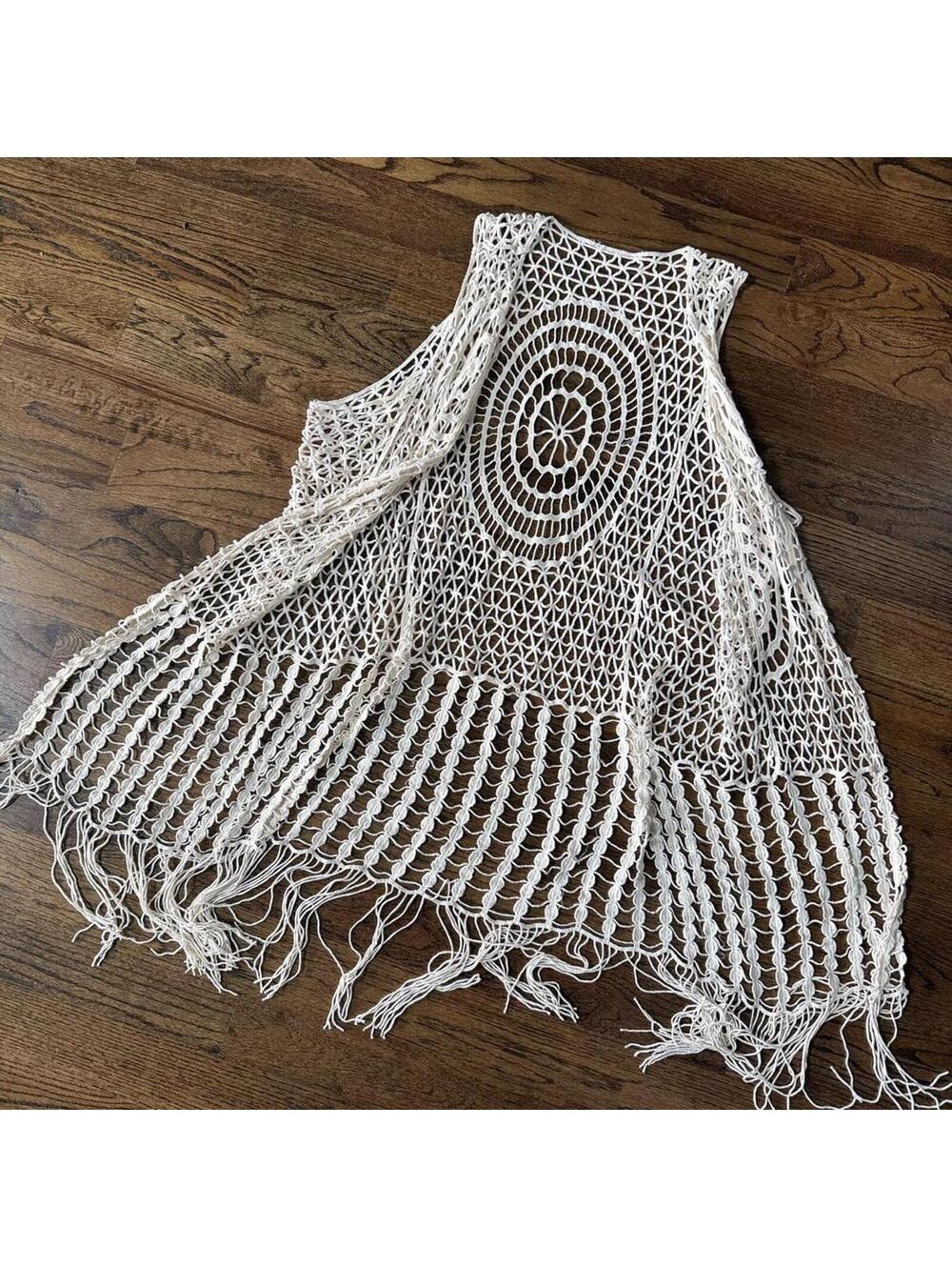 π§Ώ Vintage 70s Crochet Dreamcatcher Festival Duster Vest β Cream Fringe β OS - Picture 3 of 4